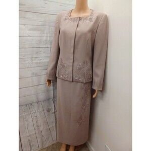 John Meyer Suit Set Jacket Long Skirt Beige Aplique Sz 10 Modest Church